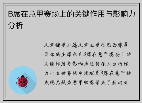 B席在意甲赛场上的关键作用与影响力分析 B席在意甲赛场上的关键作用与影响力分析